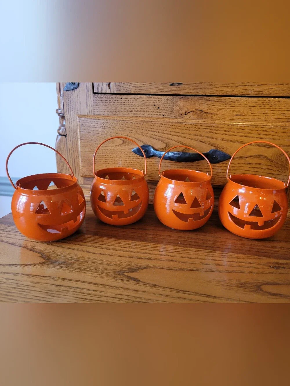 Orange Metal Jack-O'-Lantern Candle Holders with Bronze Owl Tea Light Holders